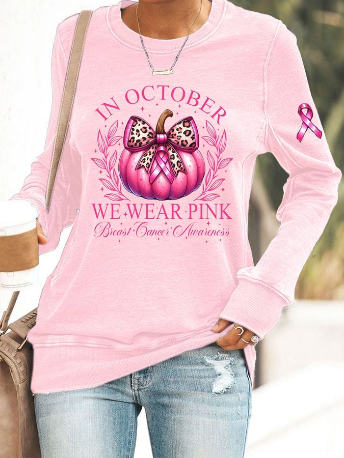 Women's In October We Wear Pink Print Breast Cancer Awareness Sweatshirt