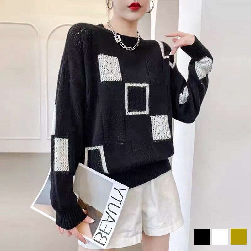 Suéter feminino de malha xadrez colorida