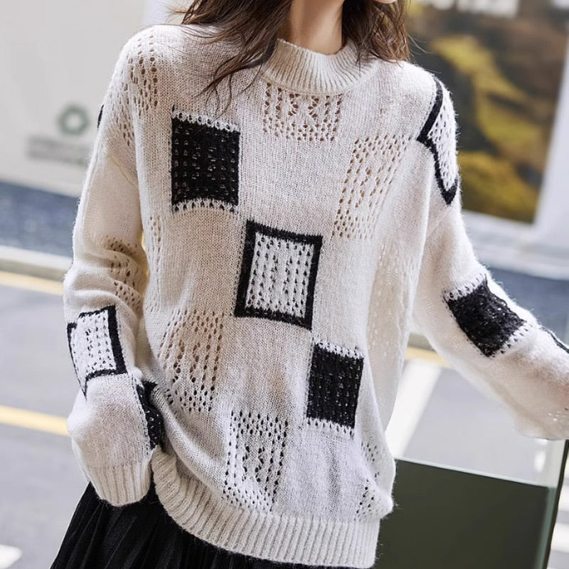 Suéter feminino de malha xadrez colorida