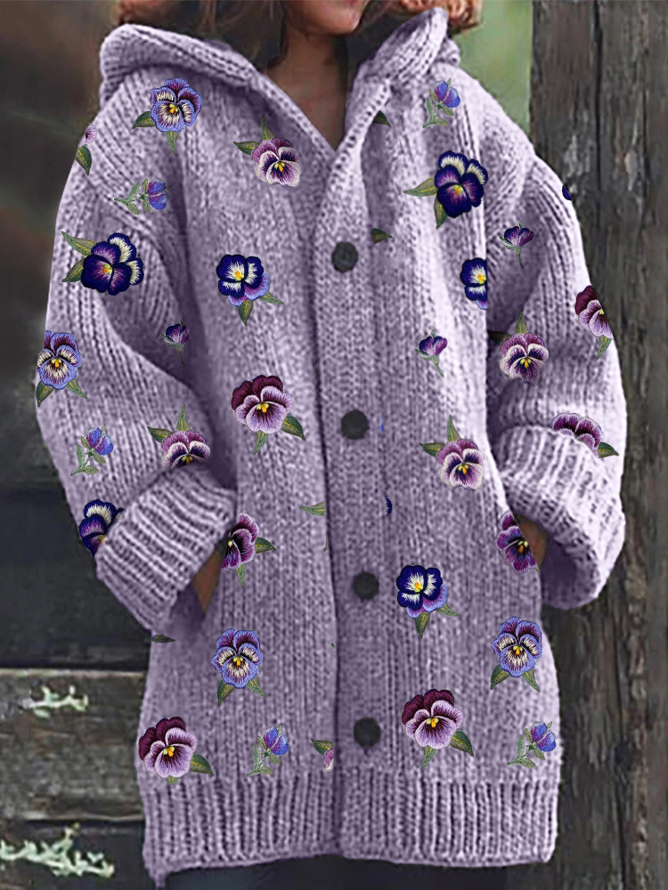Pansy Floral Bordado Padrão Cardigan Com Capuz Aconchegante
