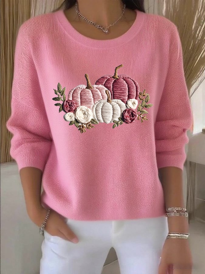 Women's Casual Pink Pumpkin Print Long-Sleeved Round Neck Bottoming Shirt