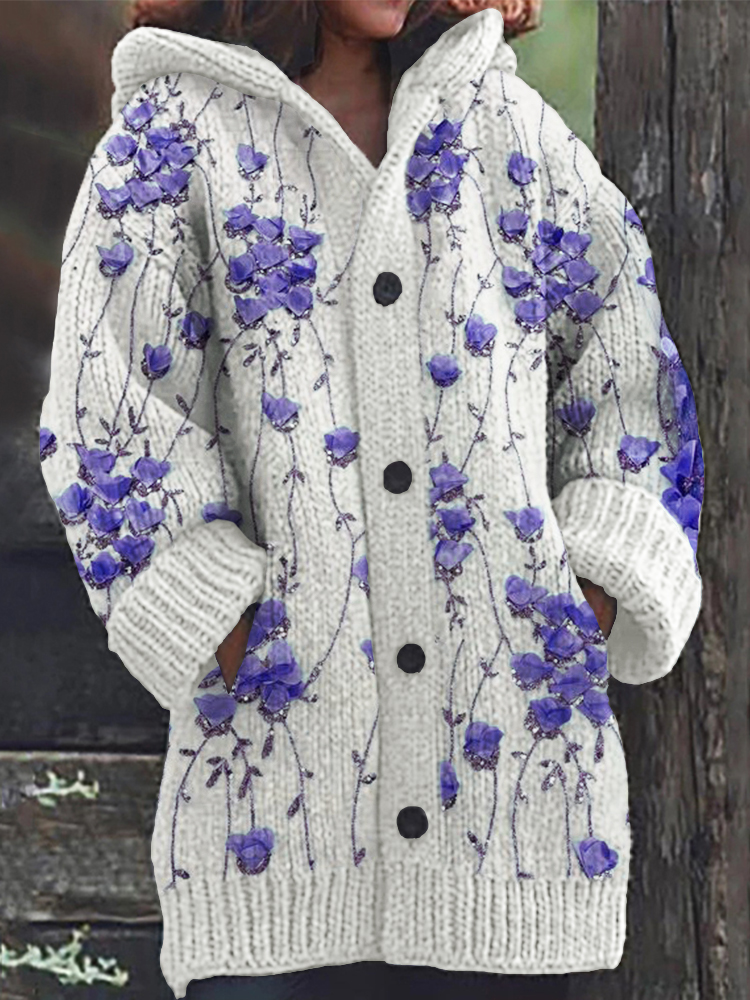 Cardigan com capuz de malha aconchegante com videiras florais roxas 3d e brilho