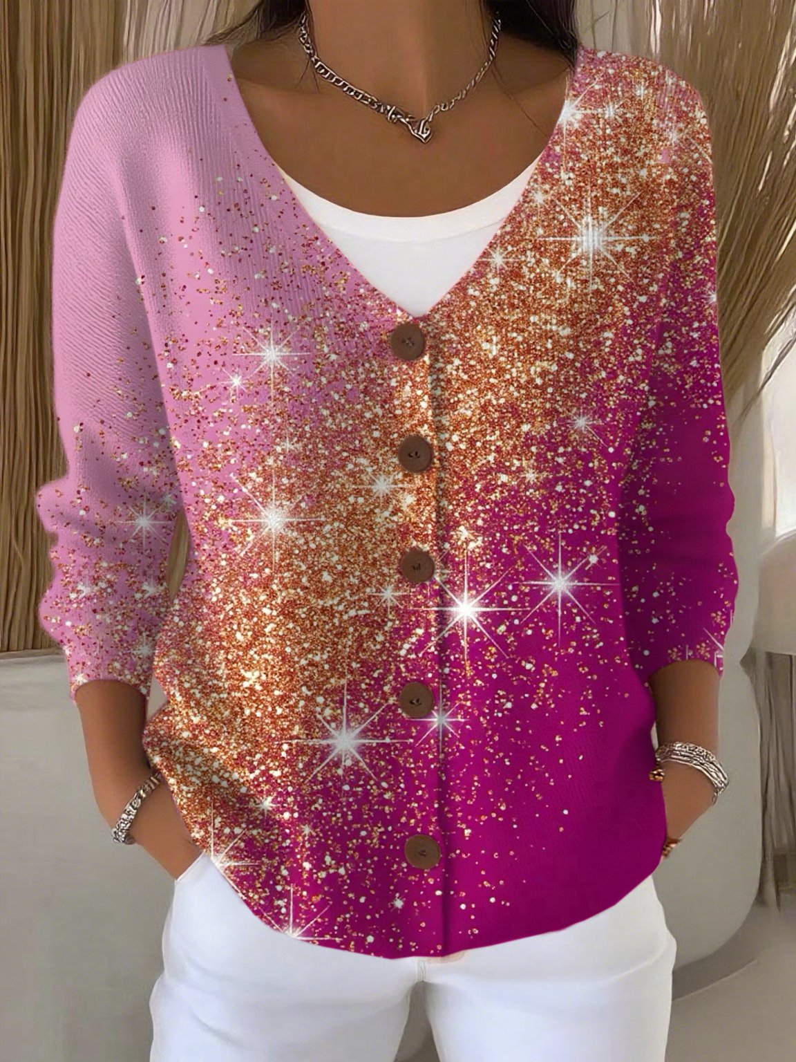 Women's Casual Pink Leopard Print Cardigan
