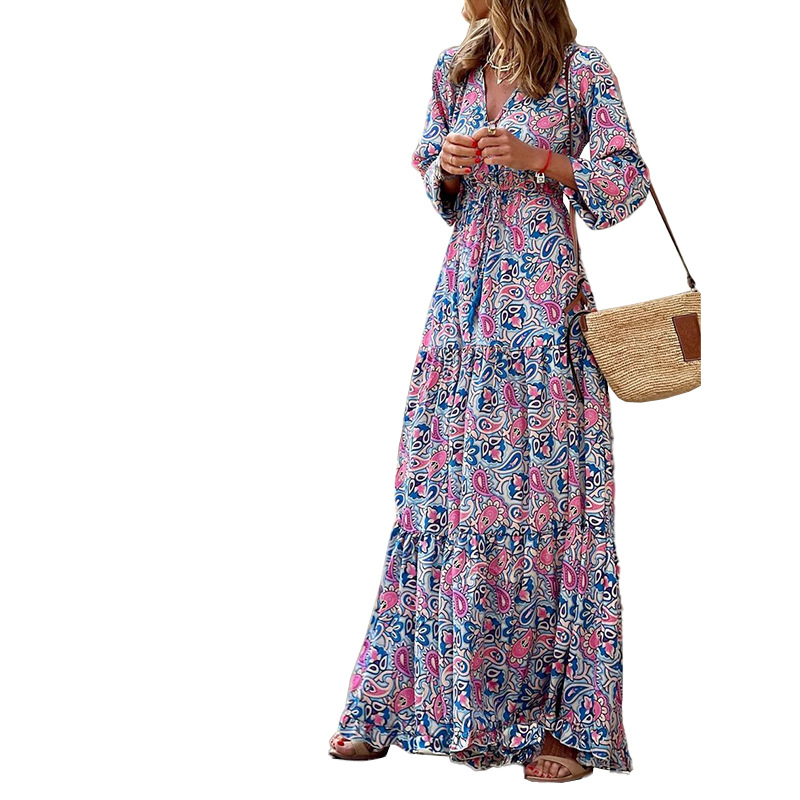 fashion v-neck long sleeve long bohemian dress