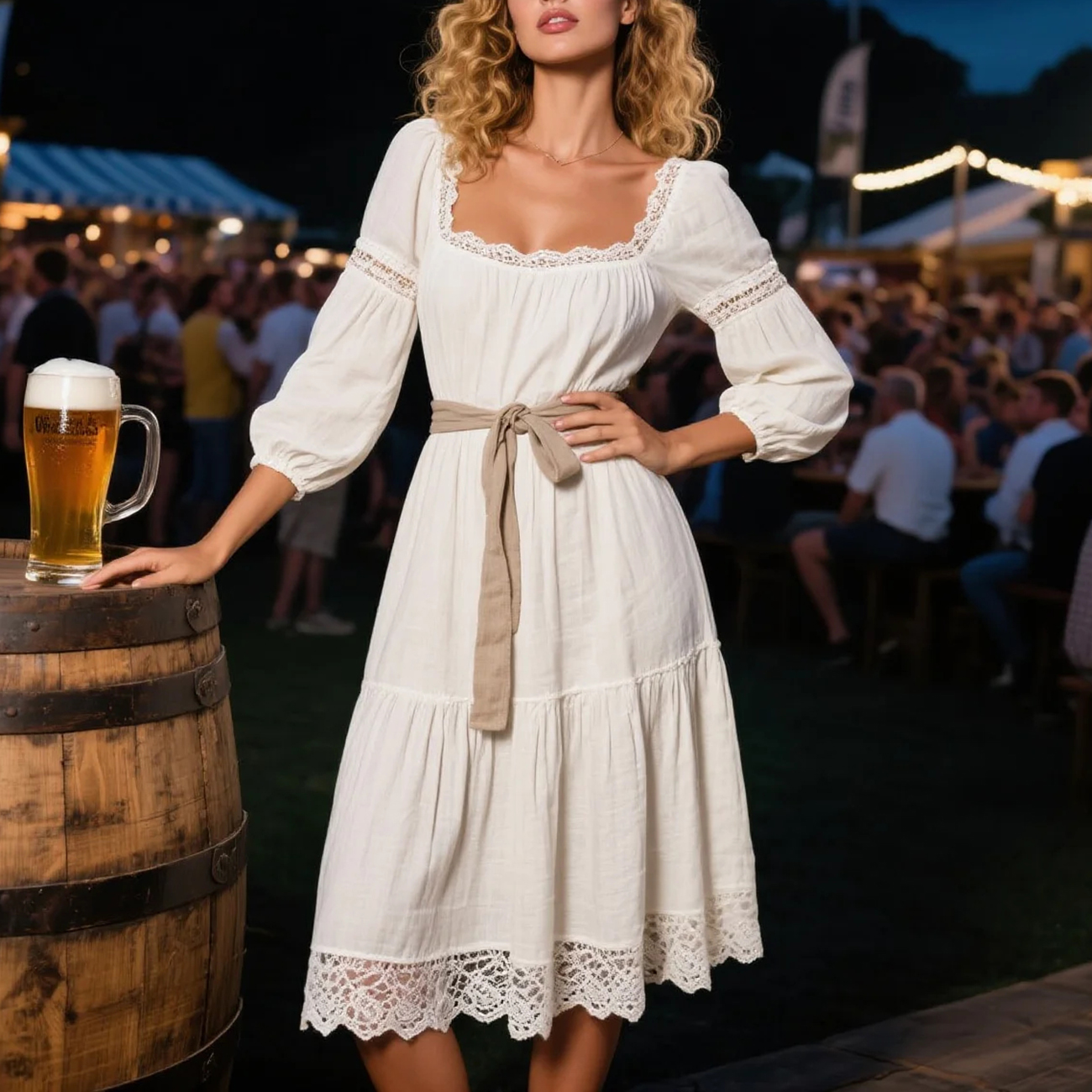 Vintage Country Women's Square Neck Lace Linen Long Sleeve Dress