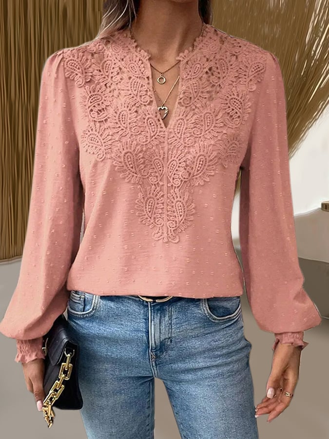 Women's Breast Cancer Pink V-Neck Lace Solid Color Long Sleeve Casual Top