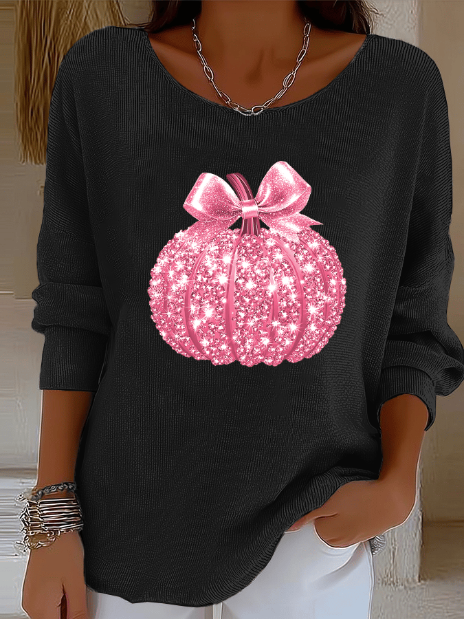 Women's Breast Cancer Awareness Sequined Pumpkin Print Ribbed Long Sleeve T-Shirt