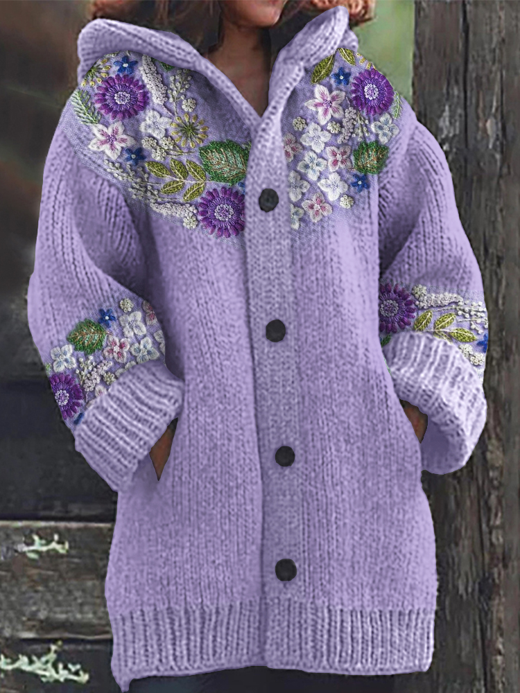 Cardigan de malha aconchegante bordado floral roxo elegante com capuz
