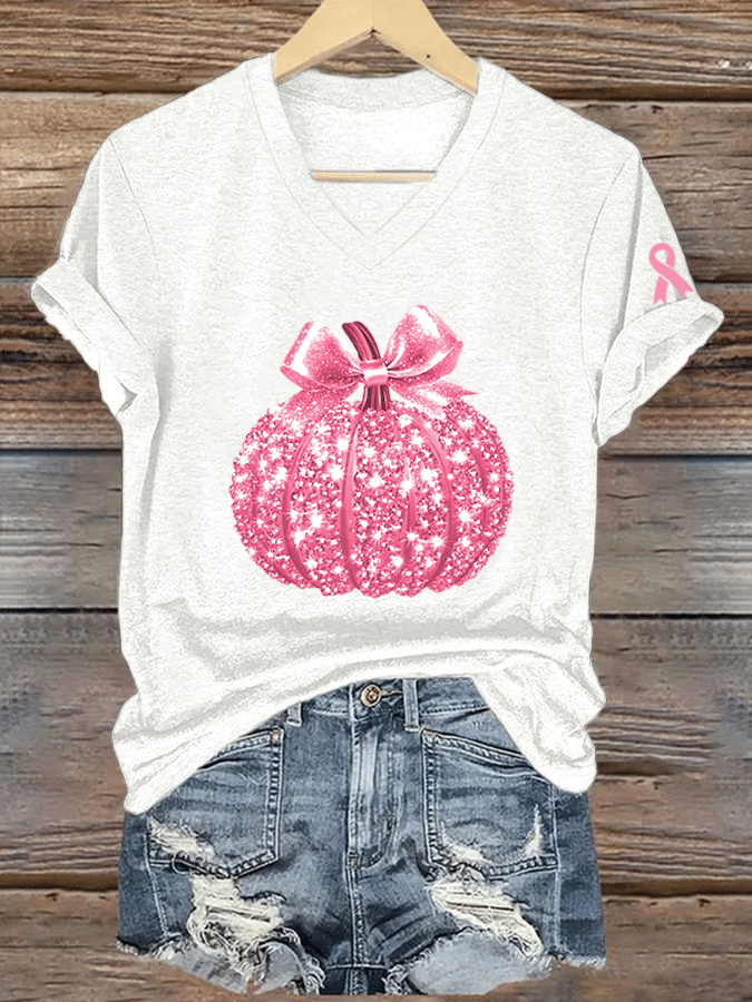 Women's Breast Cancer Sequined Pumpkin Print V-Neck T-Shirt