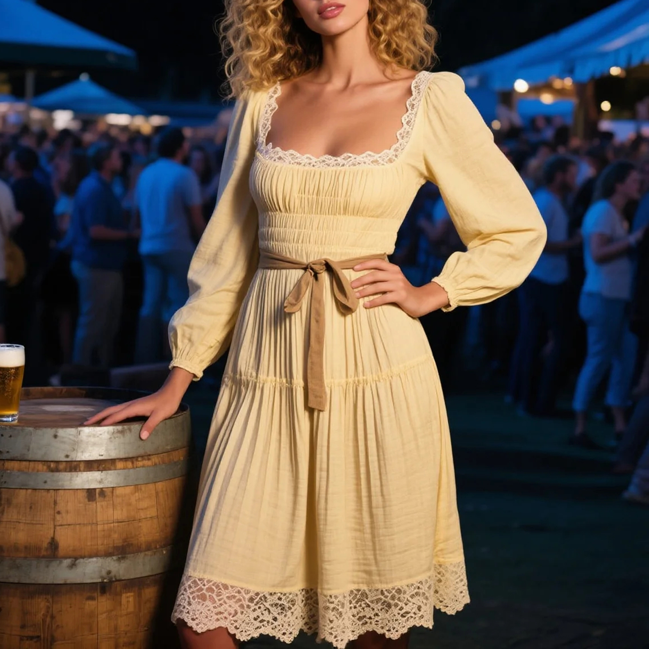 Vintage Country Women's Square Neck Lace Linen Long Sleeve Dress