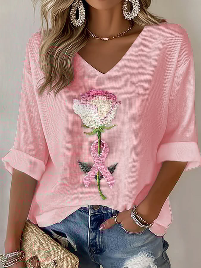 Women's pink embroidered floral print waffle T-shirt