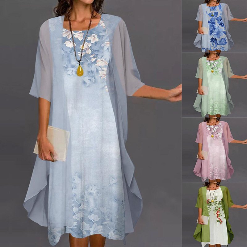 Vestido de menina estampado de duas peças com decote redondo