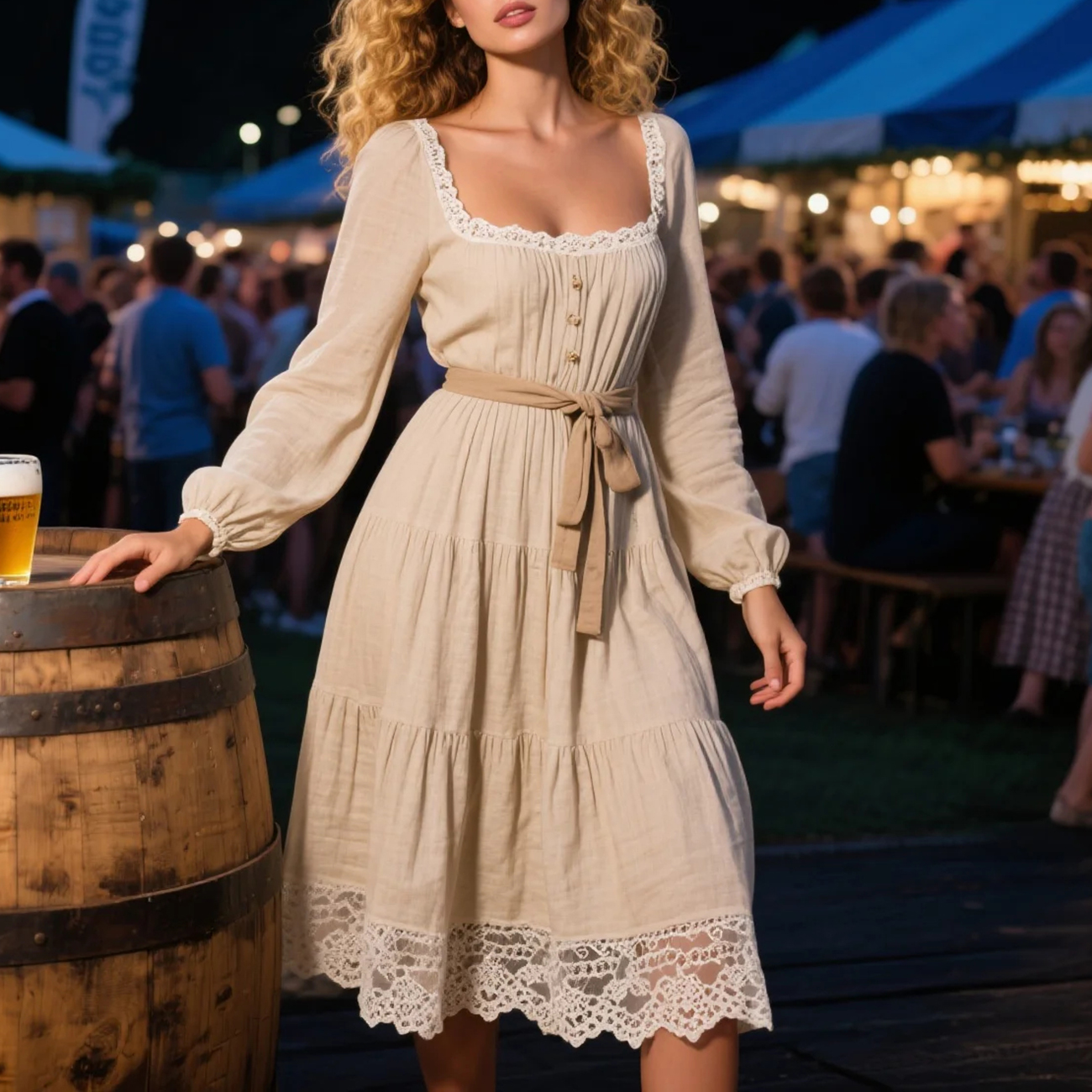 Vintage Country Women's Square Neck Lace Linen Long Sleeve Dress