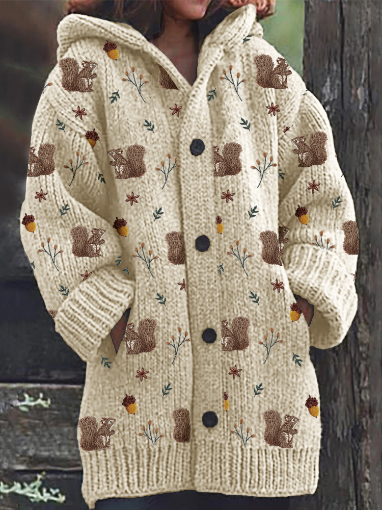 Forest Squirrels Floral Bordado Padrão Cardigan Com Capuz Aconchegante