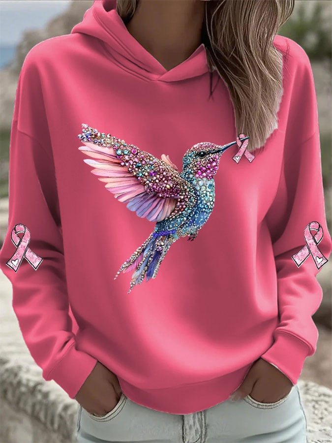 Women's Breast Cancer Hummingbird Print Hooded Sweatshirt