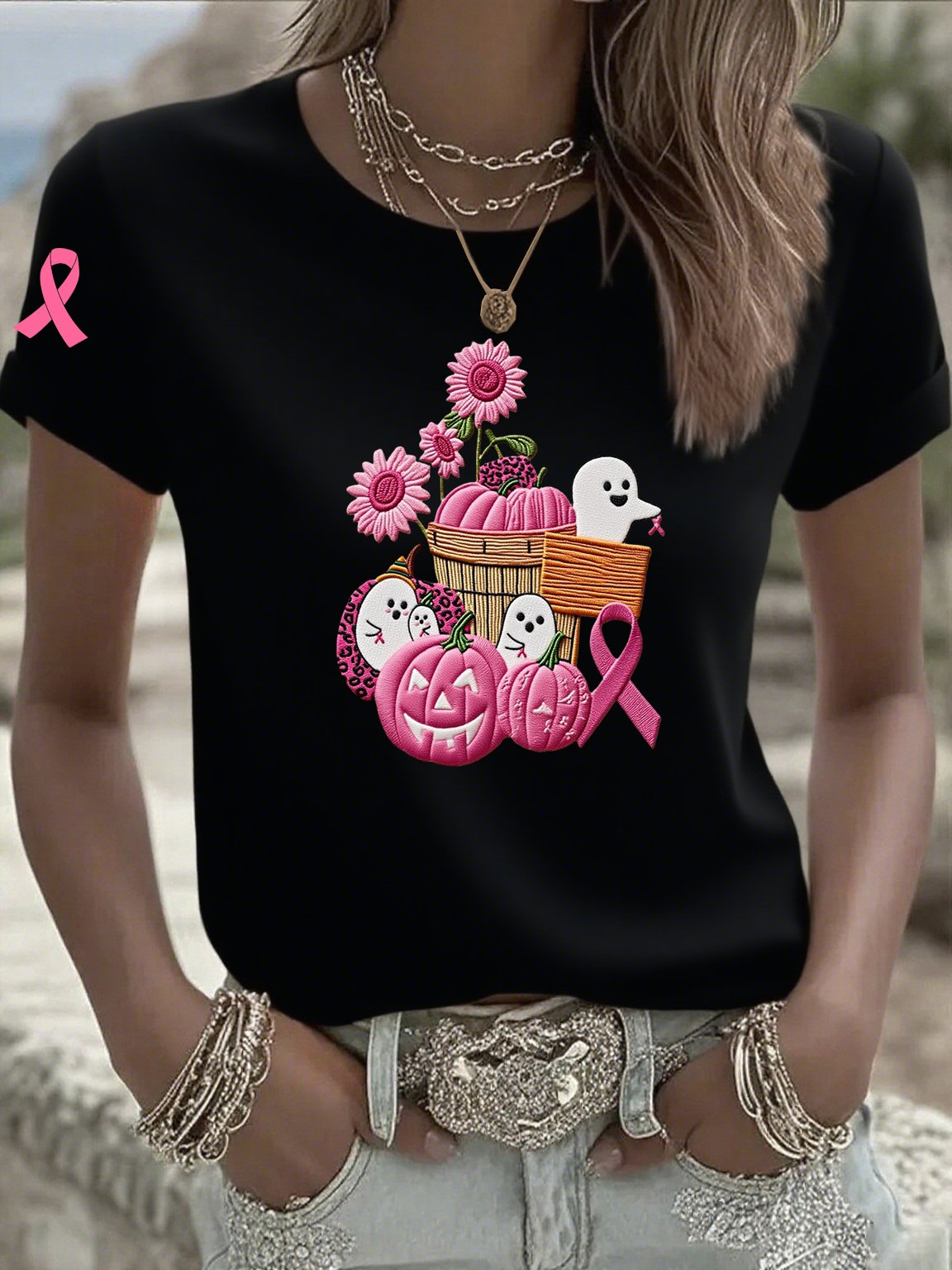 Women's Casual Pink Ghost Pumpkin T-Shirt