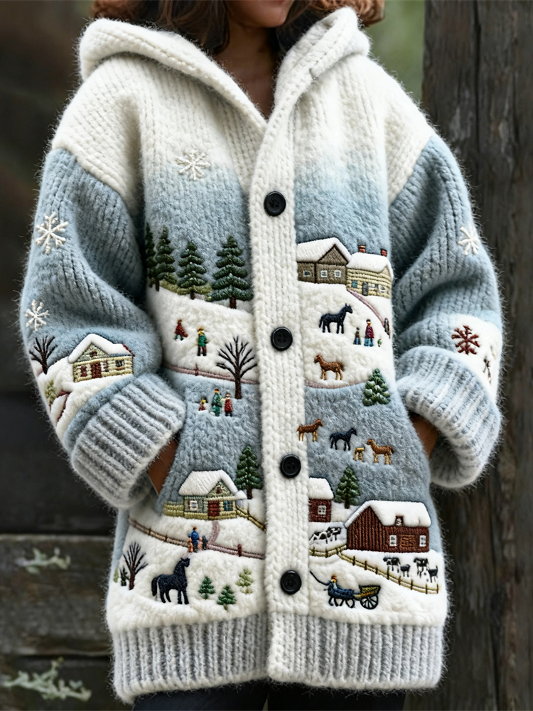 Cardigan de mulher com capuz em tricô Snowy Village