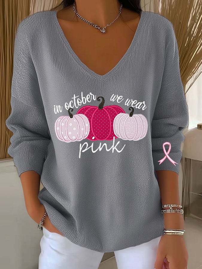 Women's Breast Cancer Pumpkin Print Casual Striped Fabric Long Sleeve T-Shirt