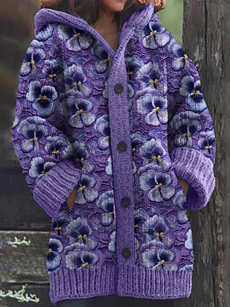 Cardigan com capuz aconchegante com padrão floral bordado amor-perfeito roxo