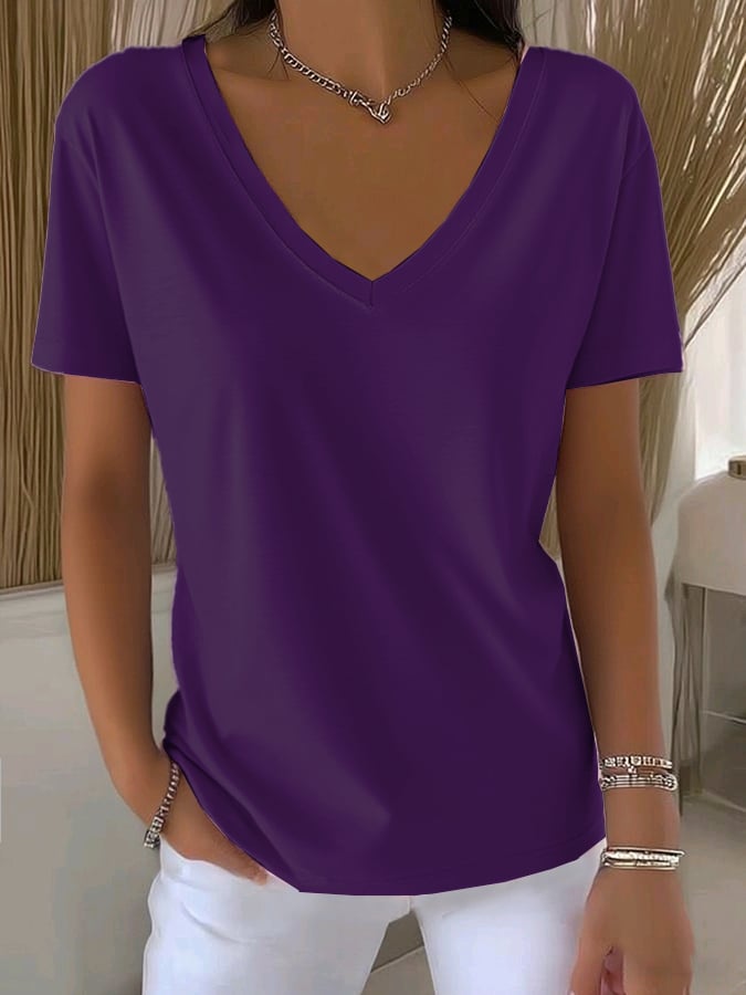 Women's Casual All-Match Solid Color V-Neck T-Shirt