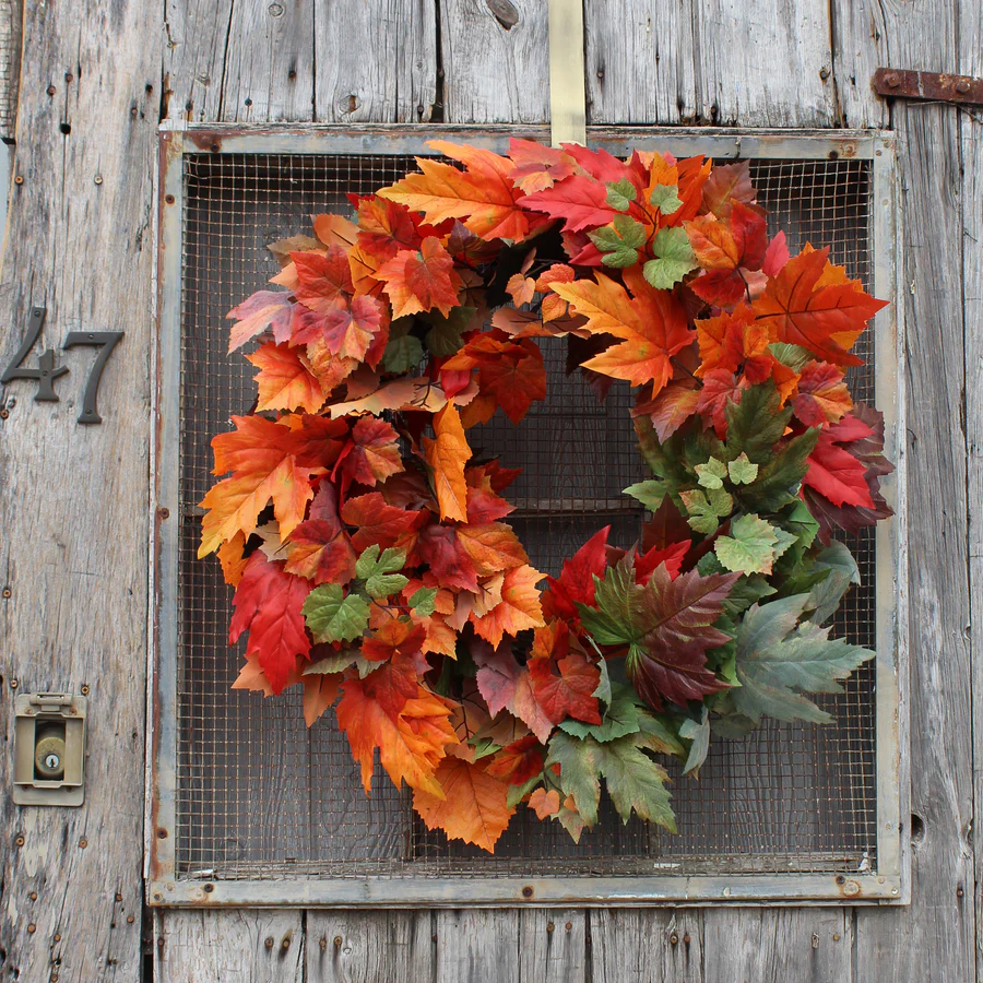 Grinalda de porta frontal em folha de bordo Ombre laranja e verde de 28"