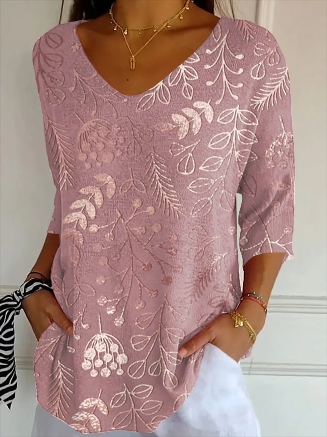 Womens Breast Cancer Awareness Pink Floral Print Striped Fabric Casual V Neck T-Shirt