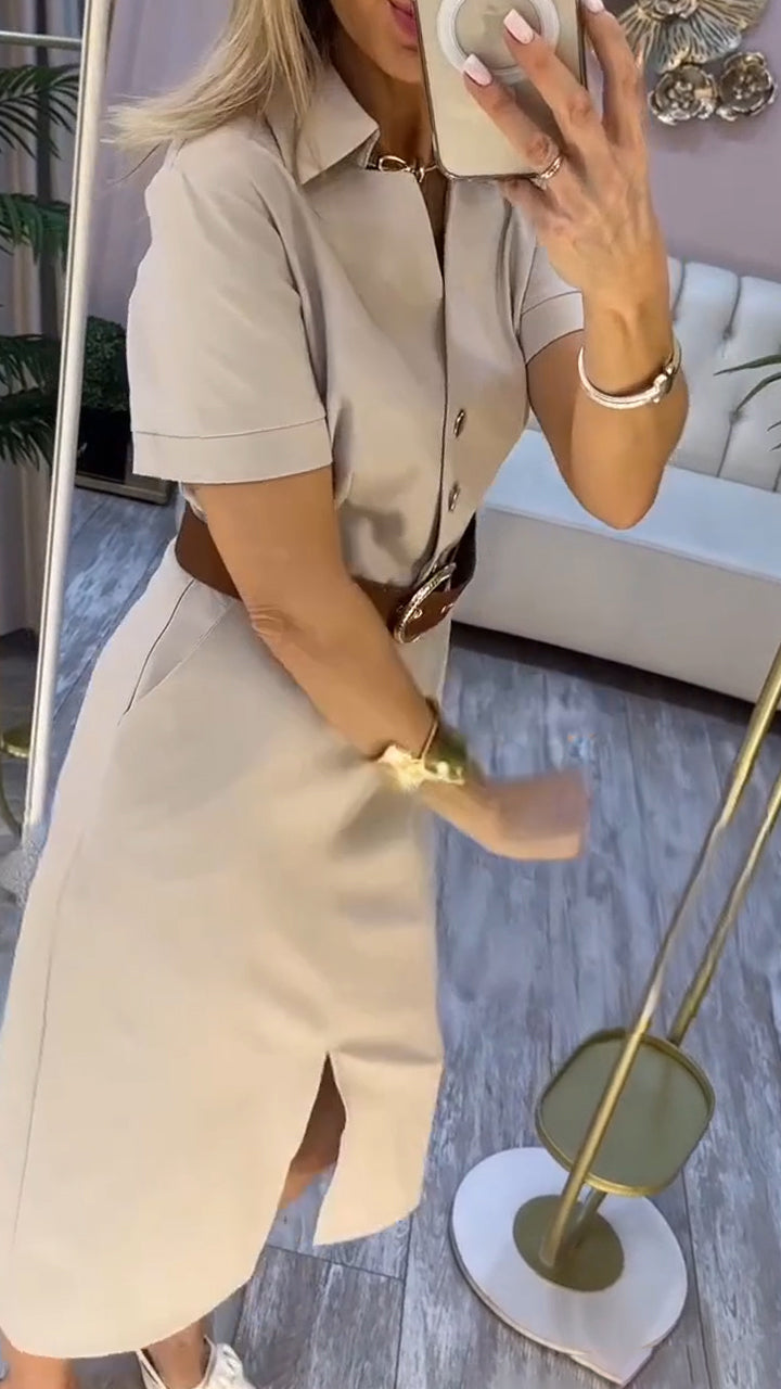 Vestido casual para mulher com racha na lapela