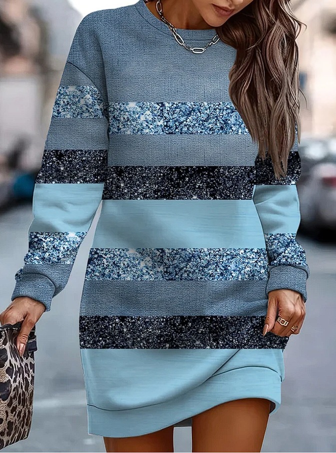 Vestido de manga comprida e decote redondo em cor contrastante