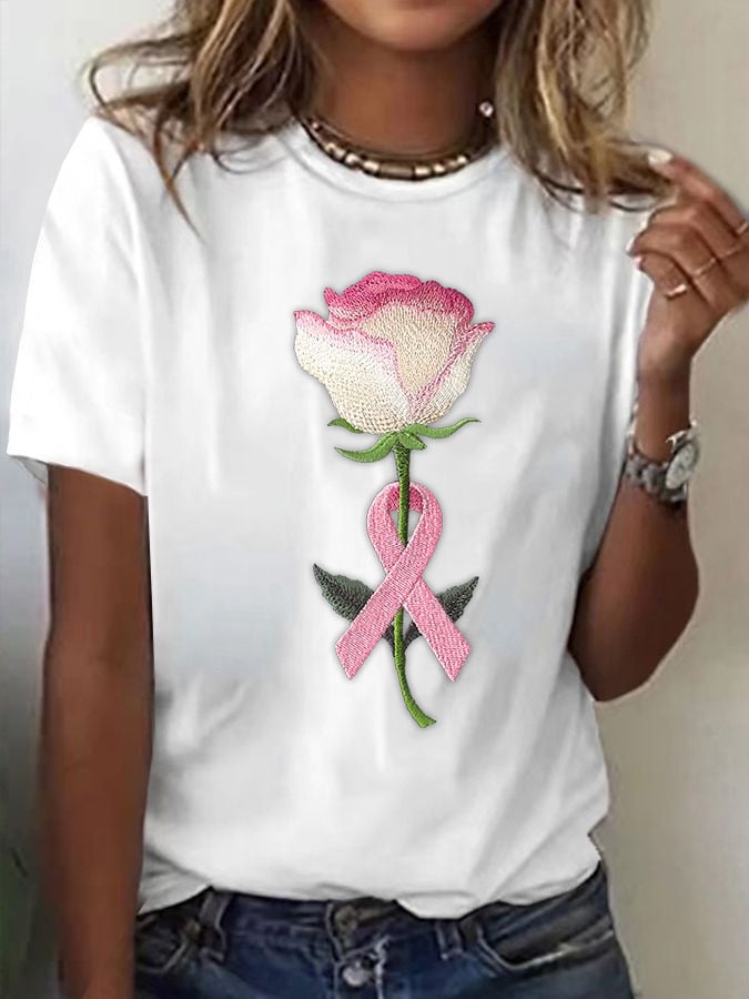 Women's Pink Embroidered Floral Print Crew Neck T-Shirt