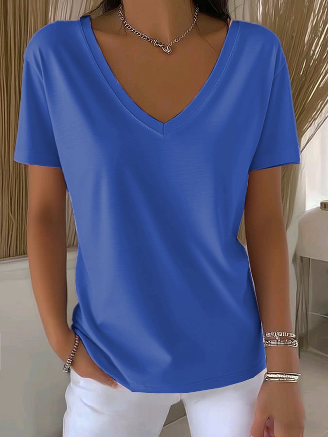 Women's Casual All-Match Solid Color V-Neck T-Shirt