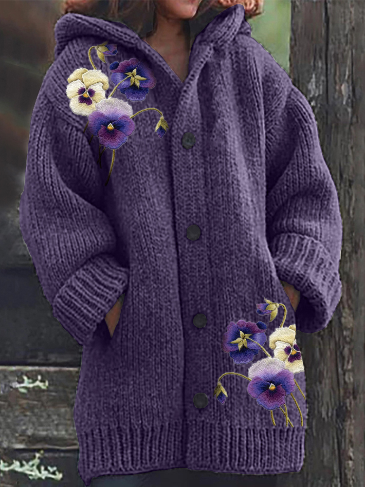 Pansy Flowers Bordado Cardigan de malha aconchegante com capuz