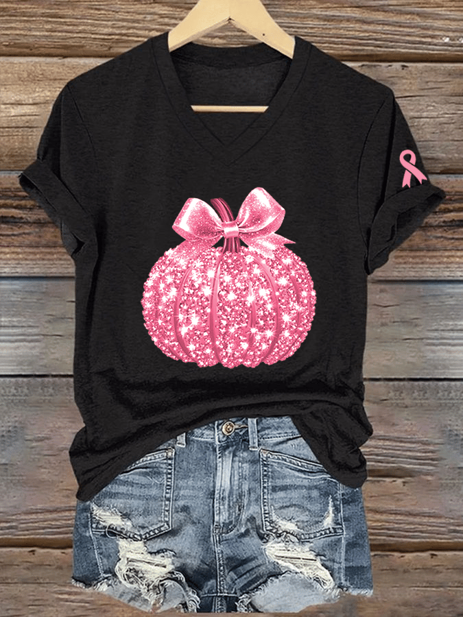 Women's Breast Cancer Sequined Pumpkin Print V-Neck T-Shirt