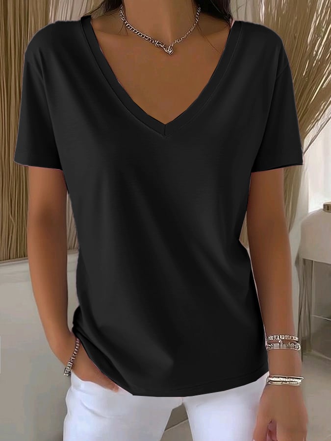 Women's Casual All-Match Solid Color V-Neck T-Shirt