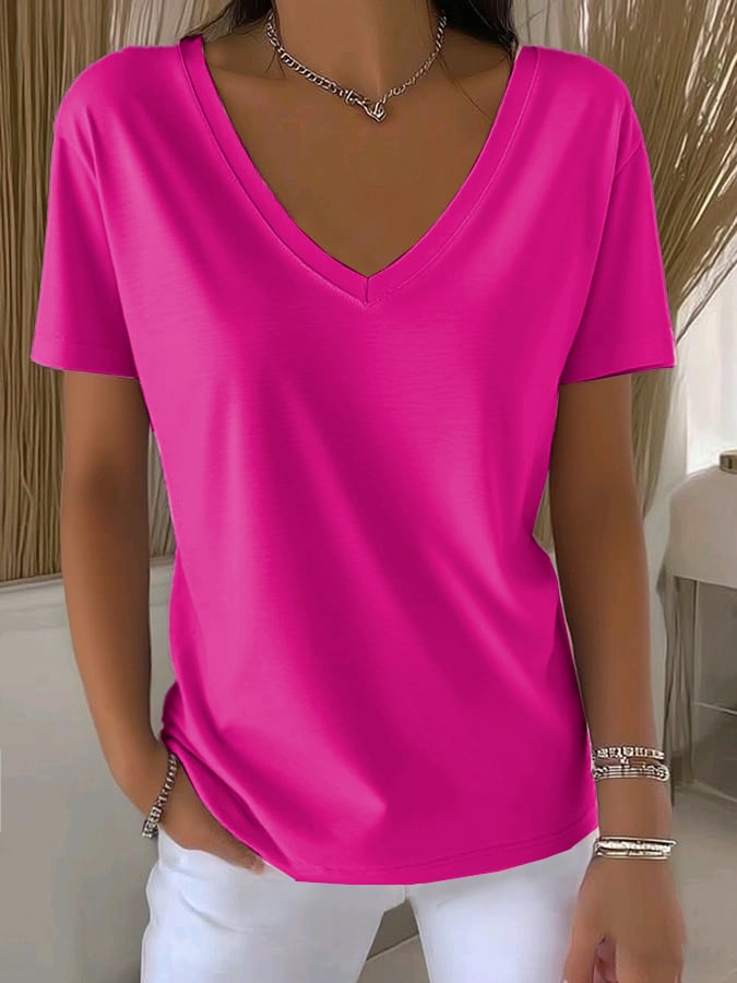 Women's Casual All-Match Solid Color V-Neck T-Shirt