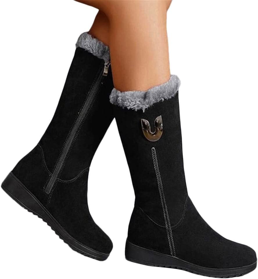 Botas de inverno de cano médio para mulher, botas de neve quentes e acolchoadas