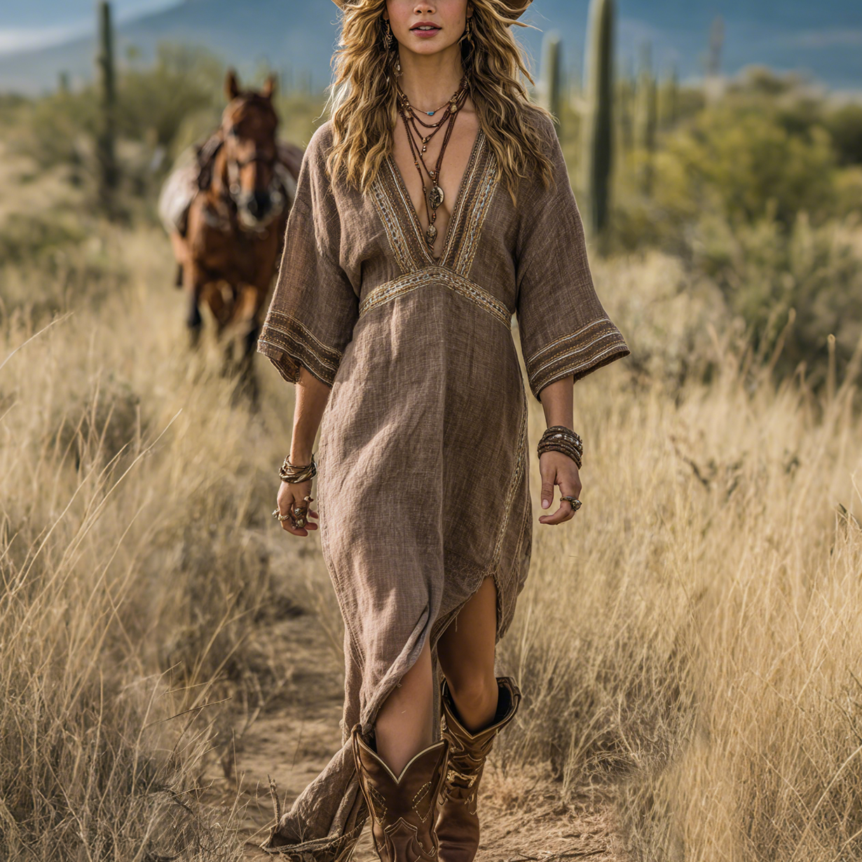 Retro Country Style Women's Geometric Print V-Neck Long Sleeve Dress