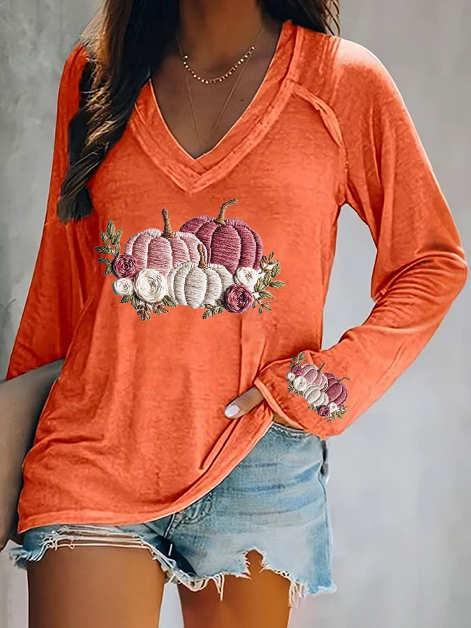 Women's casual pink pumpkin long-sleeved T-shirt