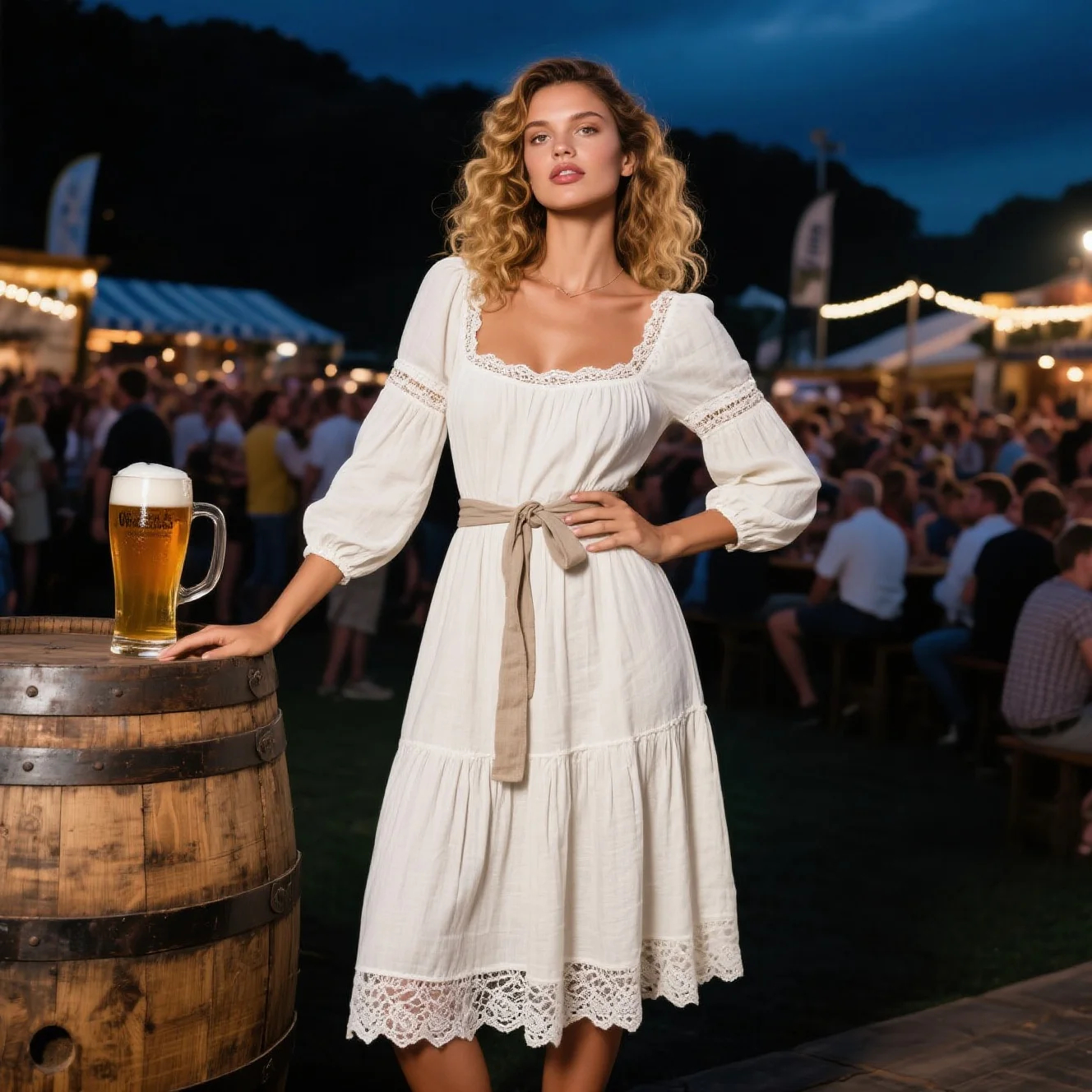 Vintage Country Women's Square Neck Lace Linen Long Sleeve Dress