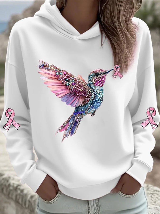Women's Breast Cancer Hummingbird Print Hooded Sweatshirt