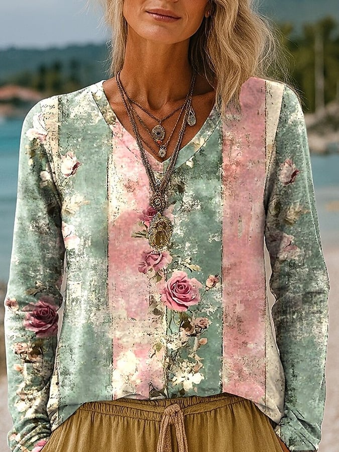 Women's Casual Pink Floral Print V-Neck Long Sleeve T-Shirt