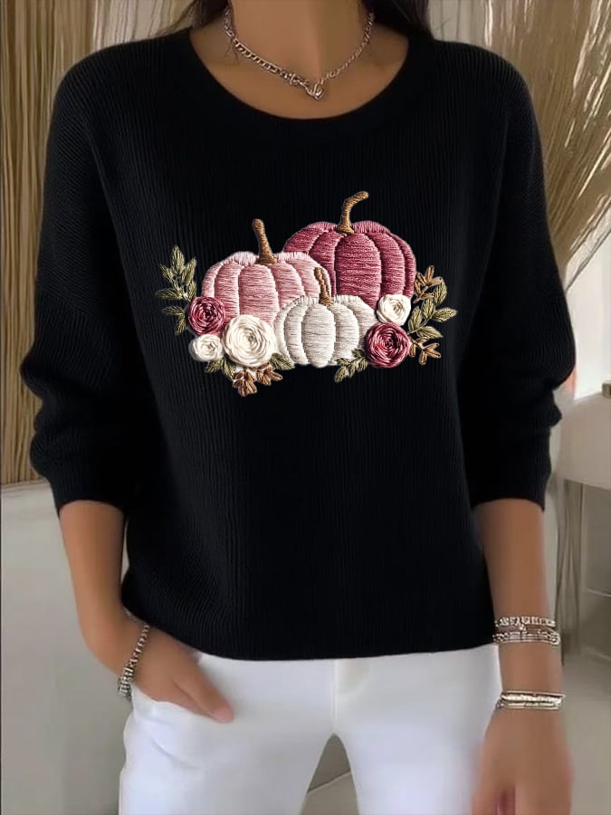Women's Casual Pink Pumpkin Print Long-Sleeved Round Neck Bottoming Shirt