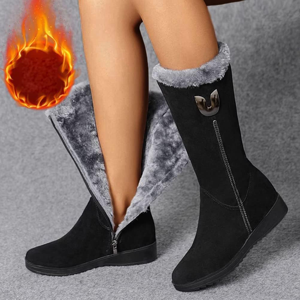 Botas de inverno de cano médio para mulher, botas de neve quentes e acolchoadas