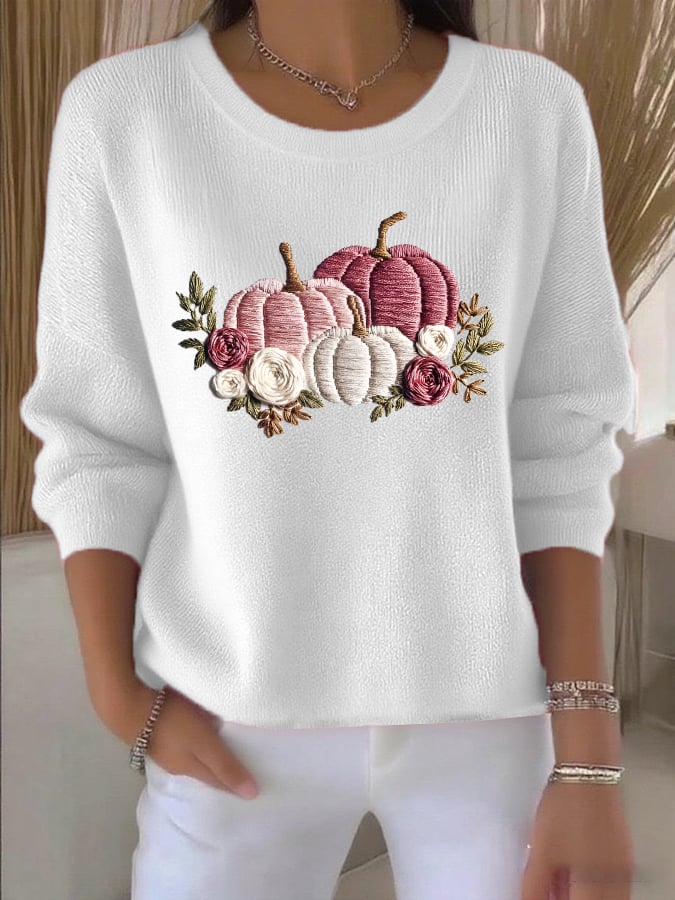Women's Casual Pink Pumpkin Print Long-Sleeved Round Neck Bottoming Shirt