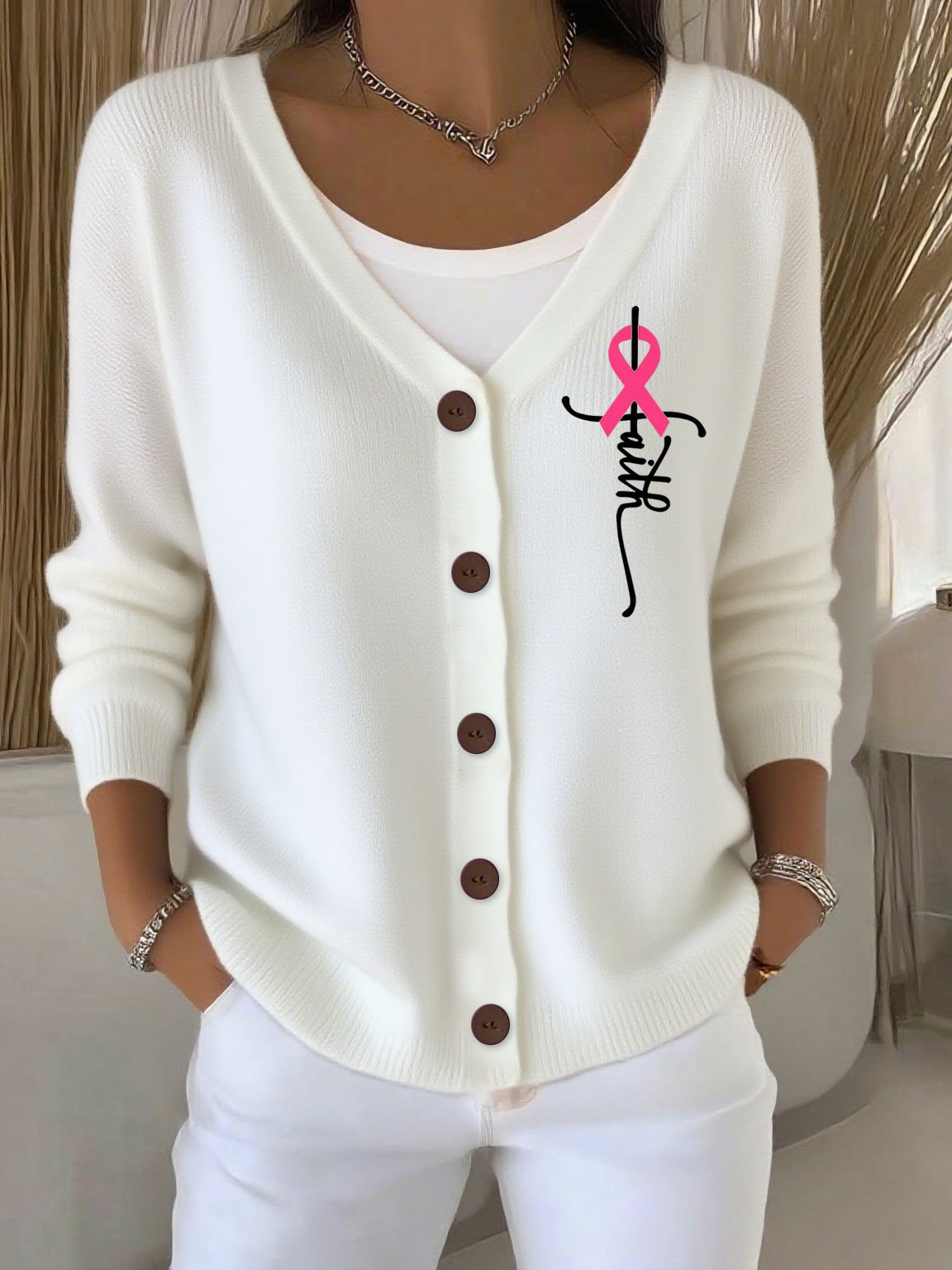 Women's Breast Cancer Cross Print Thick-Knit Straight Cardigan