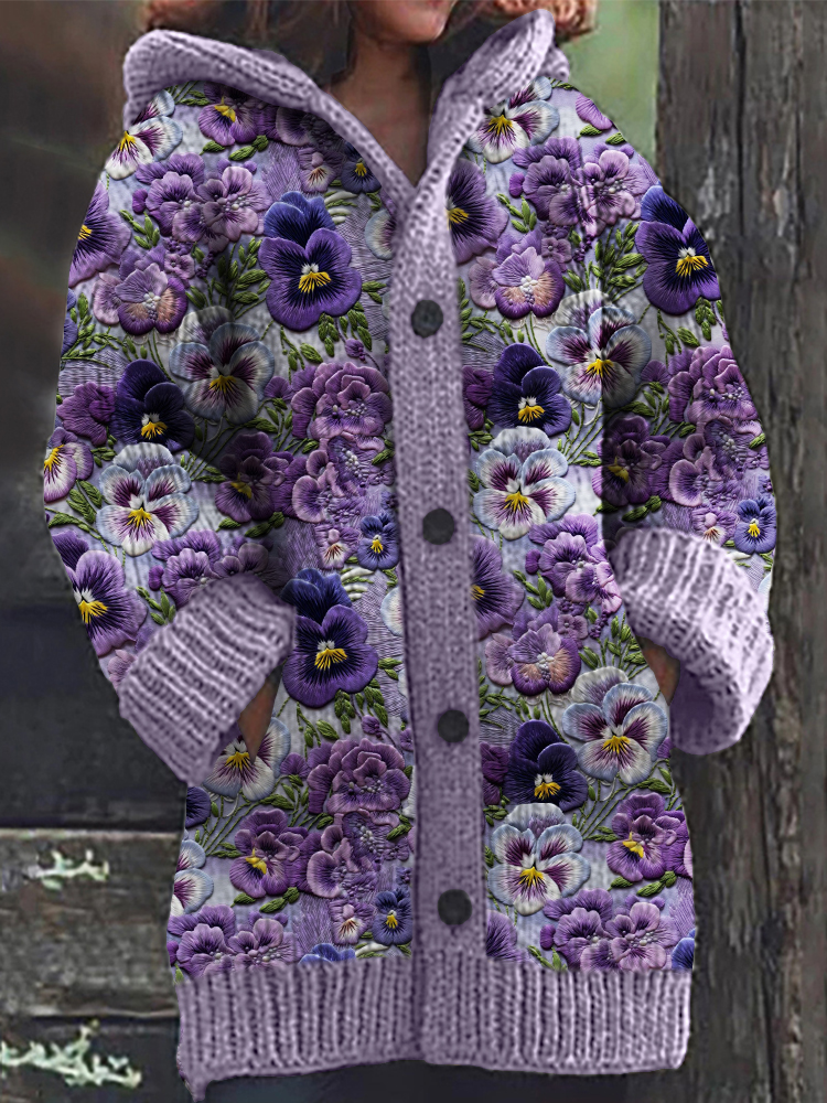 Pansy Floral Bordado Padrão Cardigan Com Capuz Aconchegante