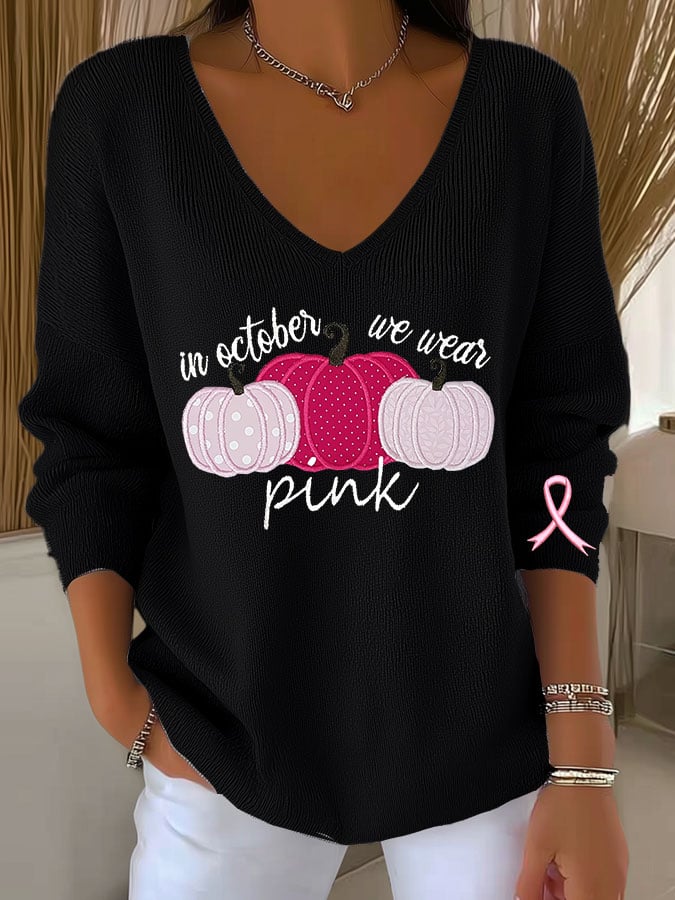 Women's Breast Cancer Pumpkin Print Casual Striped Fabric Long Sleeve T-Shirt
