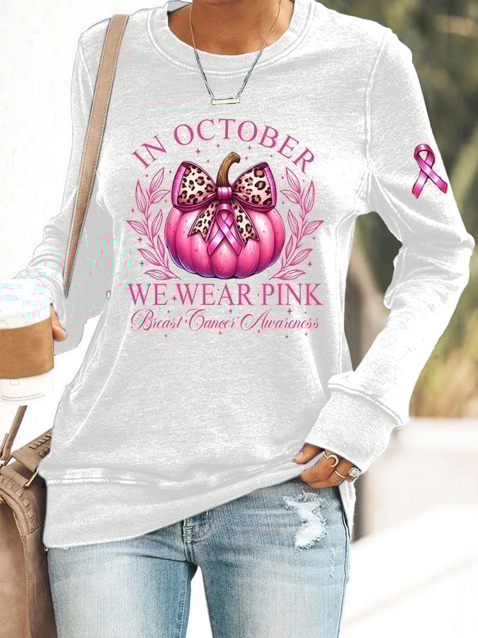 Women's In October We Wear Pink Print Breast Cancer Awareness Sweatshirt