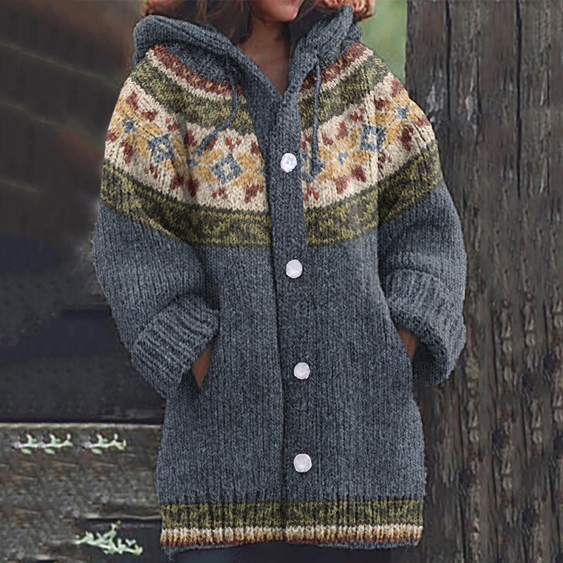 Camisola Cardigan Vintage Tribal com Padrão Islandês