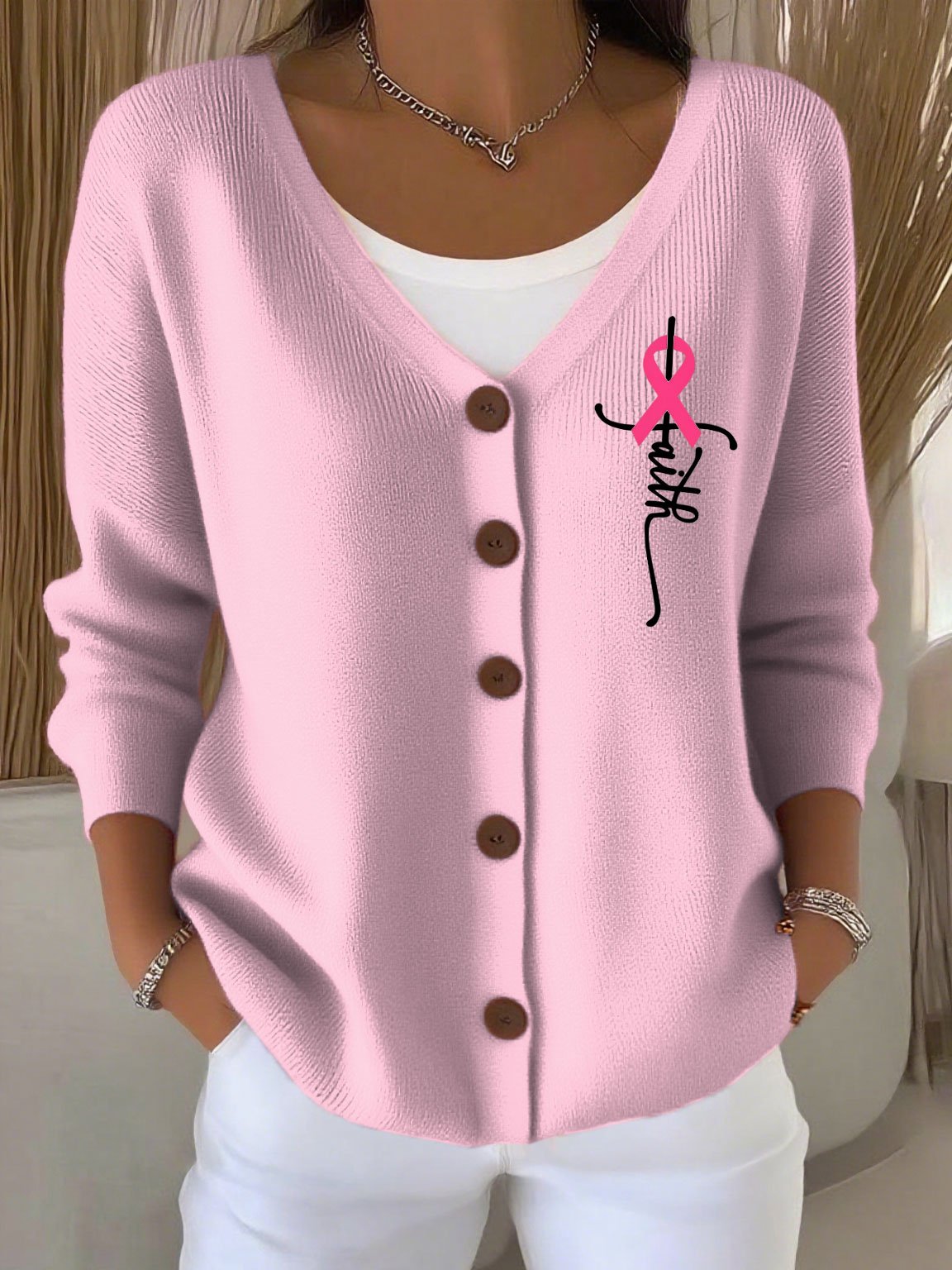 Women's Breast Cancer Cross Print Thick-Knit Straight Cardigan