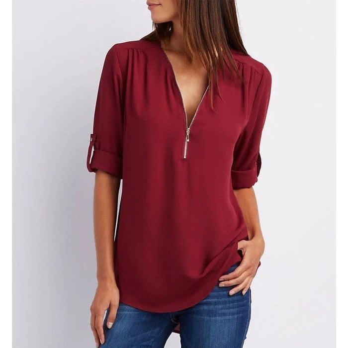 Blusa plus size solta manga 3/4 com zíper